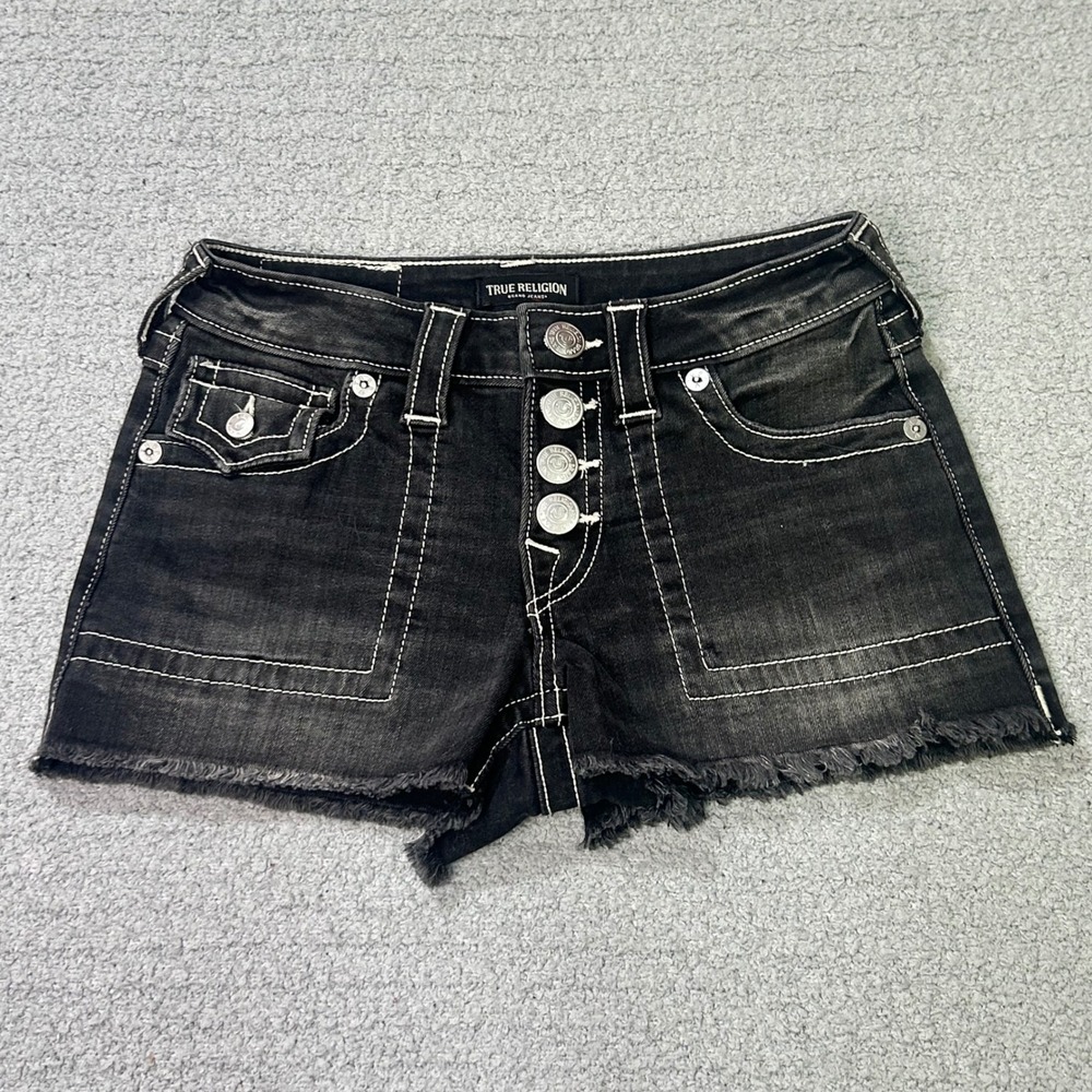 True Religion Denim Shorts Low Rise Micro Booty 25 Black Y2K McBling Big Stitch
